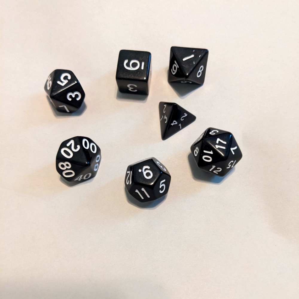 Polyhedral Dice Set for D&D Tabletop Role Playing Game Black with White Numbers